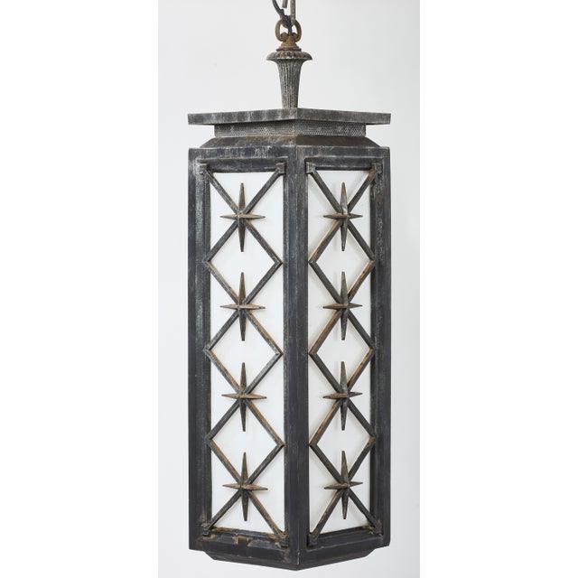 Nice vintage Mid-Century pendant light great for large porch or entry way. Lamp is made of cast aluminum painted in black...