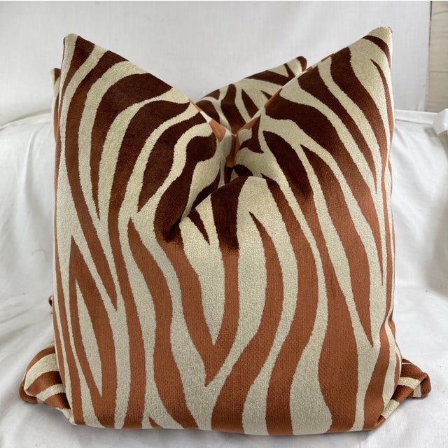 2020s Zebra Velvet in Copper/Beige 22" Pillows-A Pair For Sale - Image 5 of 5