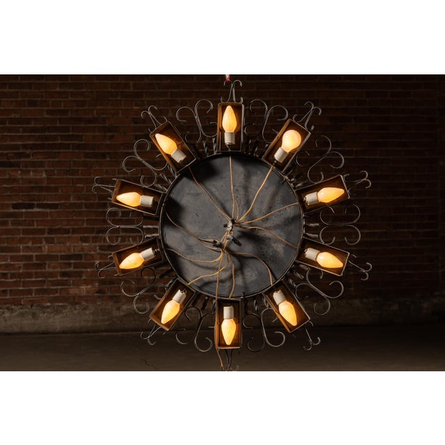 Spanish Revival Vintage Spanish Revival Wrought Iron Sunburst Mirrored Light Fixture For Sale - Image 3 of 7