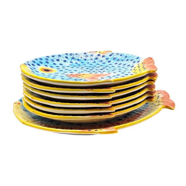 Hand Painted Majolica Zanolli Italian Fish Plates & Platter Set of 6 For Sale - Image 15 of 16