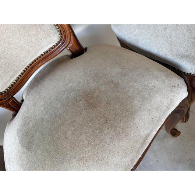 1970s Italian French Provincial Louis XV-Style Carved Wood & Suede Dining Chairs – Set of 4 For Sale - Image 11 of 12