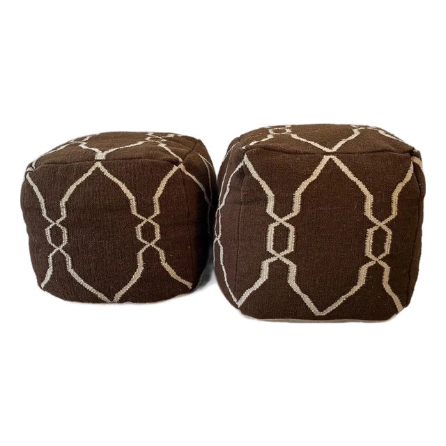 Set of 2 Wool Pouf Ottomans / Handmade Moroccan Floor Cushions / Boho Mid-Century For Sale