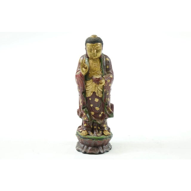 Early 20th Century Painted & Carved Wooden Buddha For Sale - Image 4 of 4
