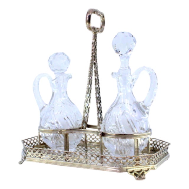 Cruet Set with Silver Structure and Cut Glass Cruets, Set of 3 For Sale