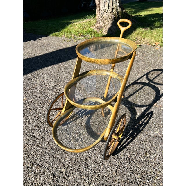 Wood 1950s Italian Aldo Tura Model 640 Goatskin Three-Tier Bar Cart For Sale - Image 7 of 11