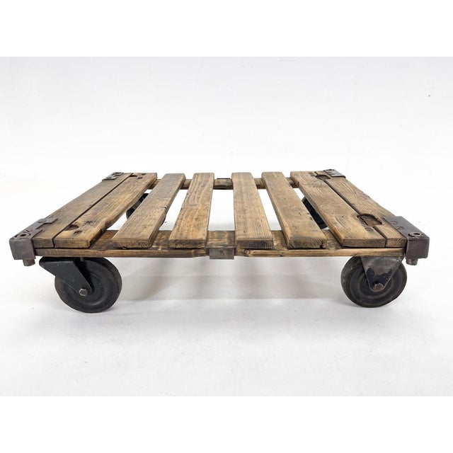 Gold Vintage Industrial Iron & Wood Coffee Table on Wheels, 1950s For Sale - Image 8 of 11