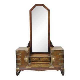 Antique Japanese Wood & Brass Small Low Kyodai Vanity Dressing Table With Mirror For Sale