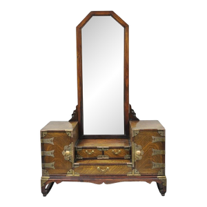 Antique Japanese Wood & Brass Small Low Kyodai Vanity Dressing Table With Mirror