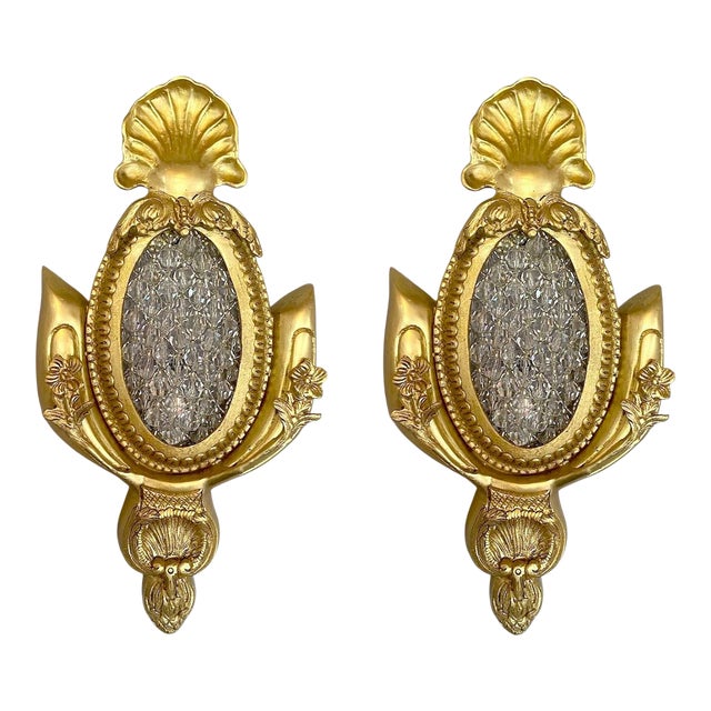 1970s French Louis XVI Gold Bronze Bead Wall Lamps Sconces 2pc- Pair For Sale