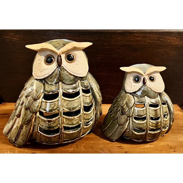 Vintage Japanese Mottled Glazed Stoneware Owl Candle Lanterns, 1970s, Set of 2 For Sale - Image 11 of 11