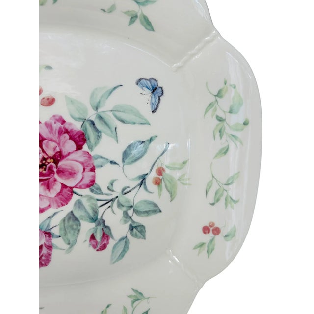 American Lenox Morningside Cottage Round Platter | Ivory Bone China Chop Plate With Gold Trim | Pink Floral, Butterfly & Dragonfly Design For Sale - Image 3 of 9