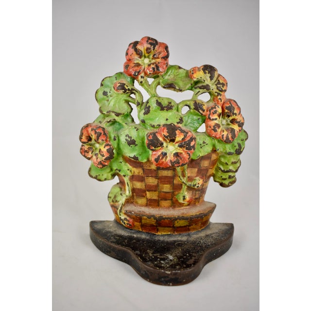 1930s Cast Iron Checkered Pot of Geraniums Painted Doorstop For Sale - Image 9 of 9