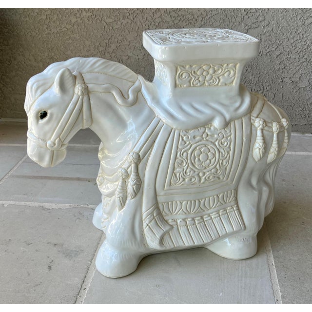 Boho Chic Circa 1980 Fabulous Linen-Hued Earthenware Pony Garden Stool / Plant Stand For Sale - Image 3 of 18
