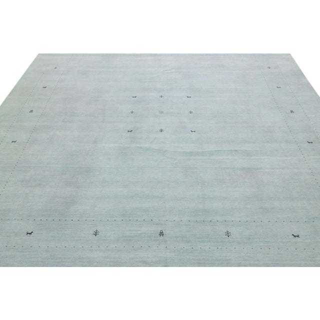 Contemporary Modern Gabbeh Style Hand-Loom Minimalist Pattern Light Blue Wool Rug For Sale - Image 3 of 12