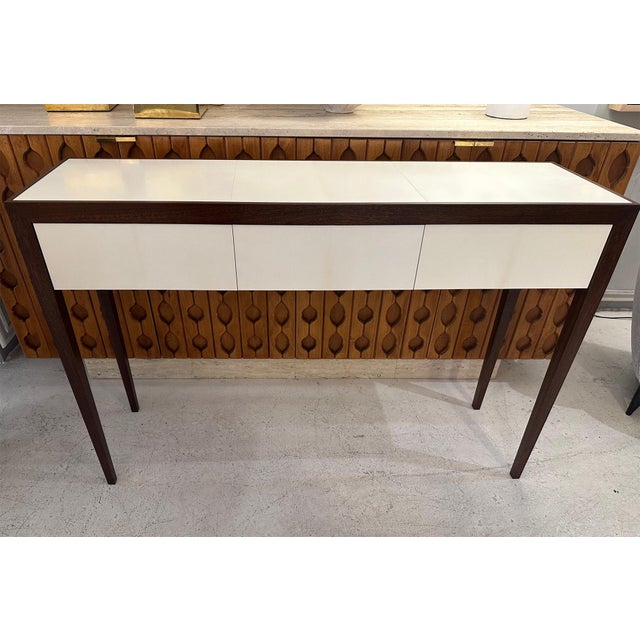 Bespoke parchment and mahogany console with three drawers. Can be made to order to your specifications. Lead time of 8-12...