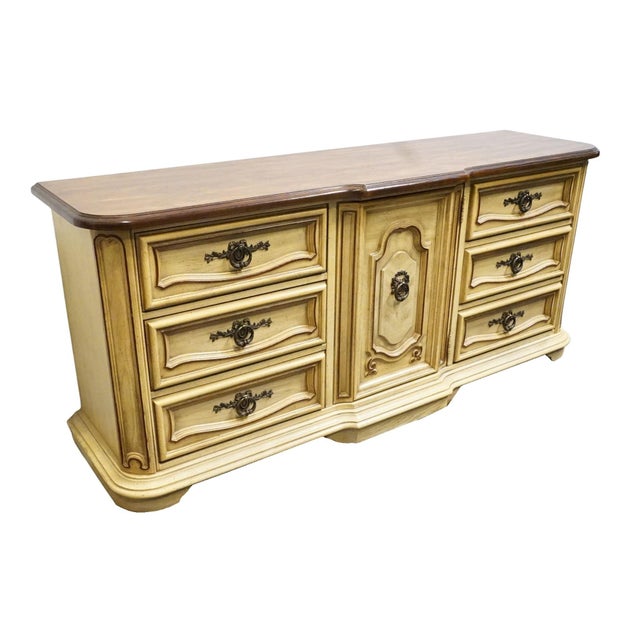 Stanley Furniture Stanley Furniture Solid Pecan Antiqued Yellow Cream Painted Mediterranean 73" Triple Door Dresser 4723-05 For Sale - Image 4 of 15