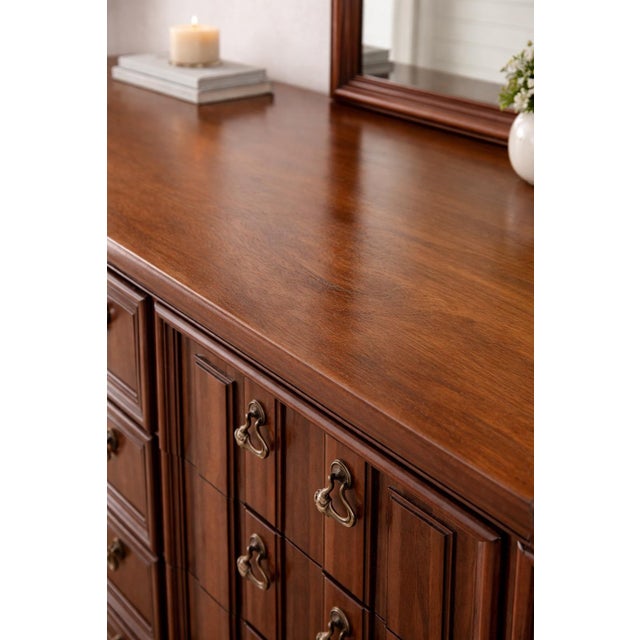 Brass Vintage Traditional 70s Solid Wood Dresser With Arched Mirror For Sale - Image 8 of 9