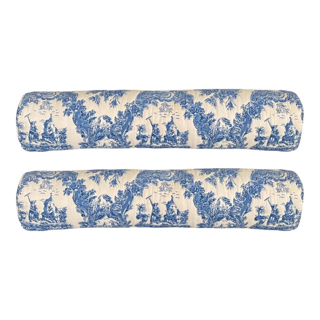 Mid-20th Century Blue and White Quilted Toile Bolster Pillows - A Pair For Sale