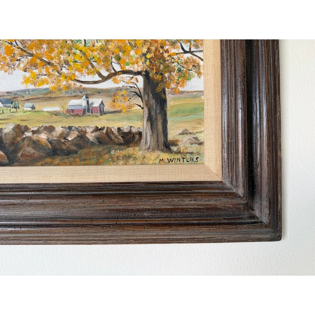 1970's M. Winters “Wisconsin” Country Farm Landscape Oil on Canvas Board Painting, Framed For Sale - Image 9 of 11