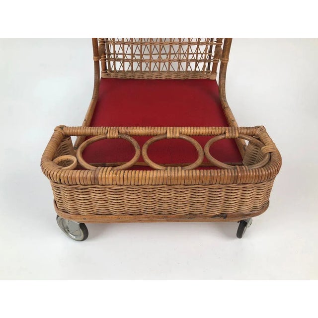 Mid-Century Bar Wagon in Wicker with Red Shelves, 1950s For Sale - Image 10 of 14