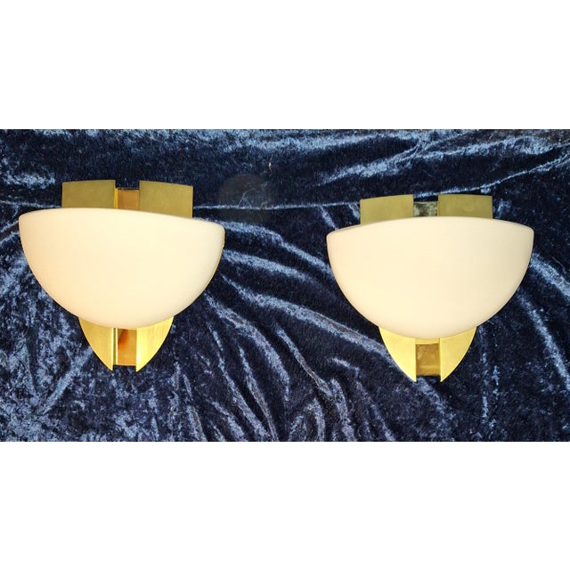 Vintage Wall Lamps with Brass Frames and Opaque White Glass Shades by Honsel, 2000s, Set of 2, in Very Good conditions....