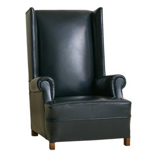 Vintage French Black Leather High-Back Club Chair with Wooden Legs - 2 Available For Sale