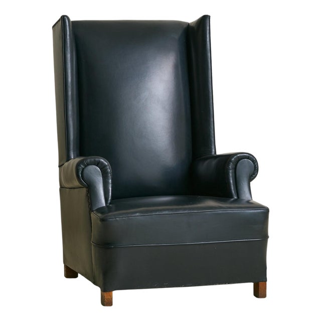 Vintage French Black Leather High-Back Club Chair with Wooden Legs - 2 Available For Sale