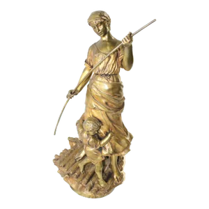 Early 1900s Antique Art Nouveau Sculpture, Mother With Child on Raft, Signed