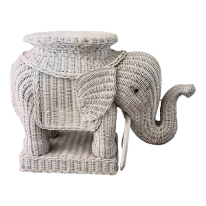Vintage Palm Beach Chic White Wicker Elephant Side Table