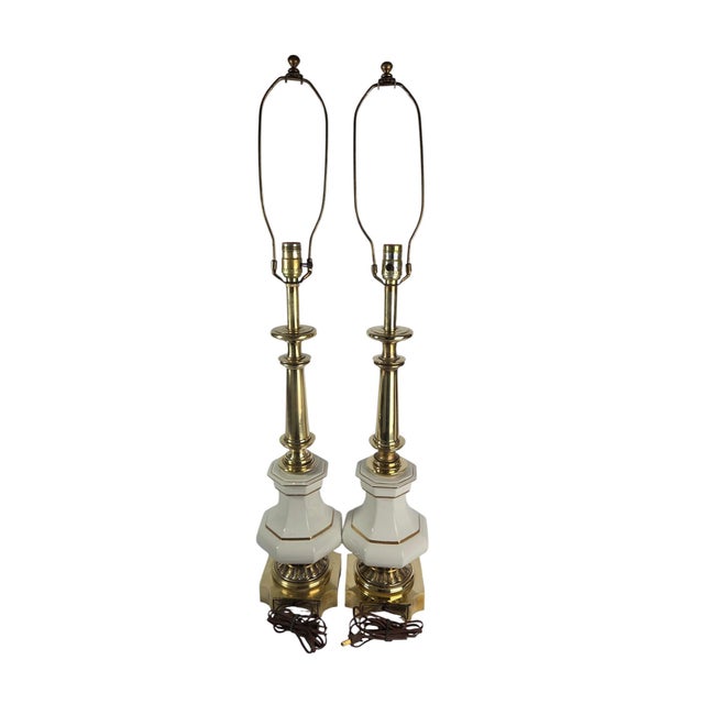 Gold 1960s Stiffel Brass and Porcelain Table Lamps, a Pair For Sale - Image 8 of 15