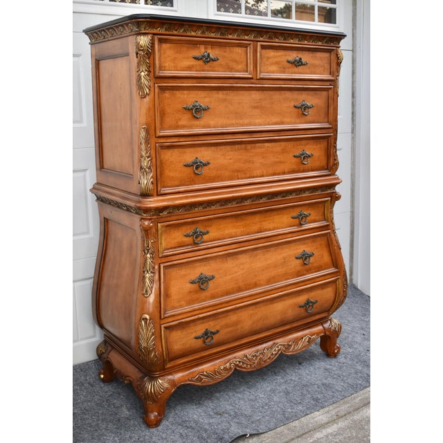 1990s Legacy Carved Bombe Tall Chest French Style Pine Dresser W/Gold Details For Sale - Image 5 of 17