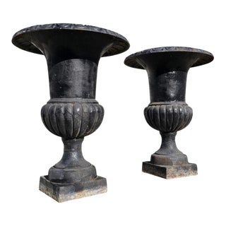 Large Antique Classical Cast Iron Garden Urn Planter a-Pair For Sale