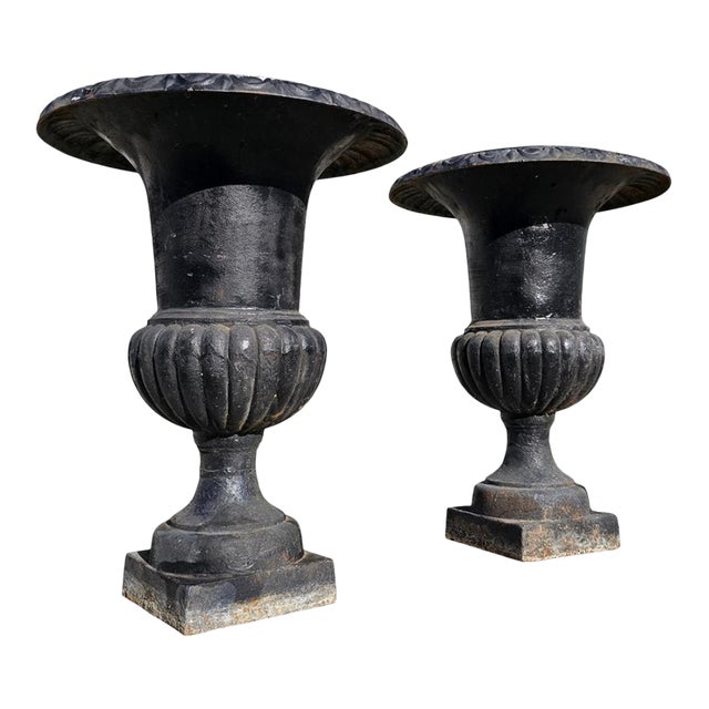 Large Antique Classical Cast Iron Garden Urn Planter a-Pair For Sale