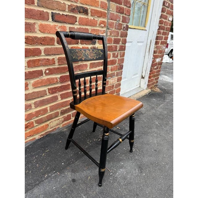 Farmhouse Late 20th Century Black L Hitchcock. Stencil Decorated Ebonized Wood Dining Side Chair For Sale - Image 3 of 16