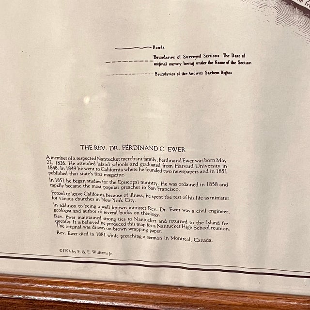 Vintage Framed 1974 Historical Map of Nantucket, Tuckernuck, Gravelly, and Muskeget by Reverend F C Ewer For Sale - Image 14 of 17