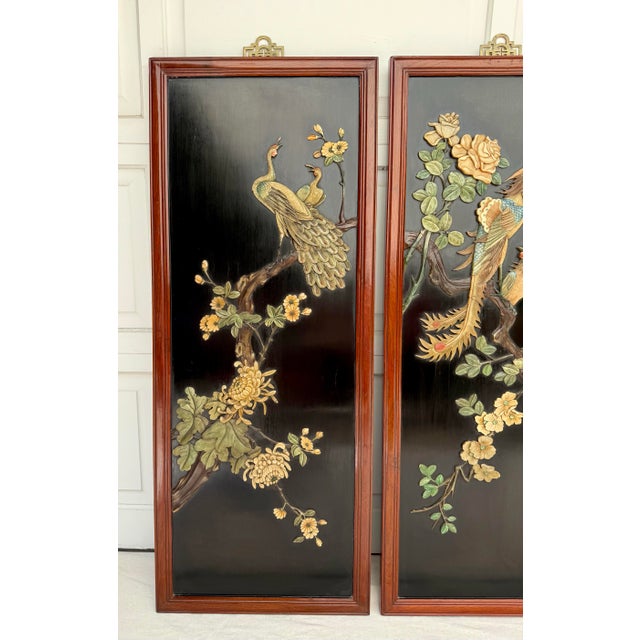 Here is a beautiful set of FOUR Asian/Chinoiserie floral and bird motif wall decor panels made from hand-carved natural...