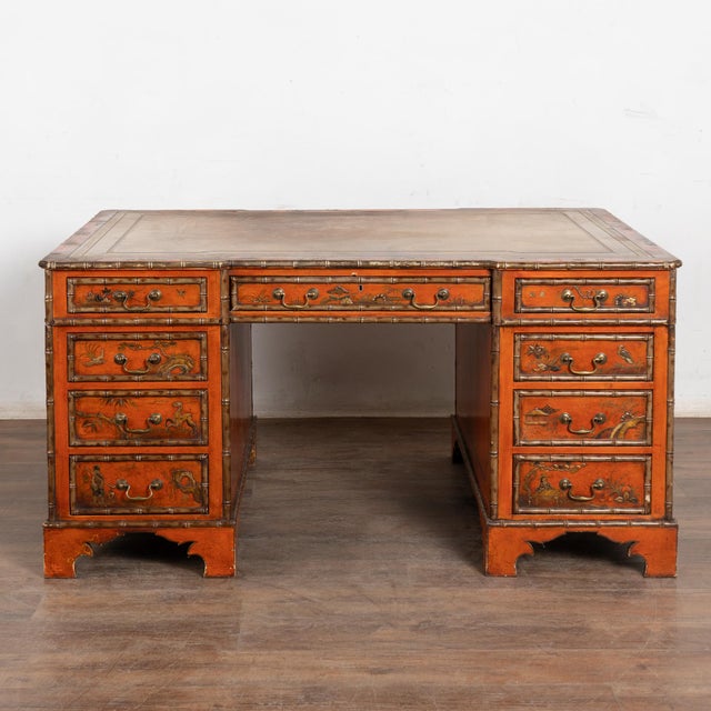 19th Century Victorian Red Chinoiserie Faux Bamboo English Partners Desk For Sale - Image 10 of 14