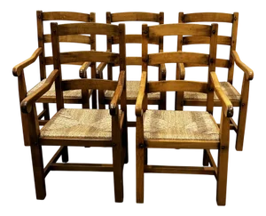 Large French Oak Dining Armchairs with Rush Seats, 1970s, Set of 5
