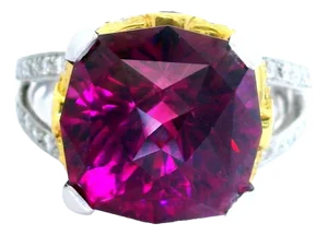 14.18 Carat Gem Rhodolite Garnet Diamond Platinum & 18k Yellow Gold Ring, Size 7.25