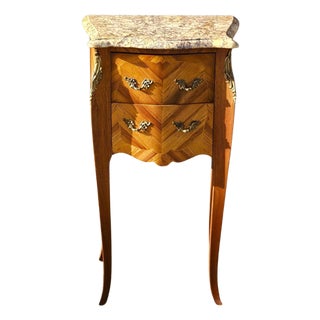 French Marquetry Nightstand in Marble and Wood, 1970s For Sale