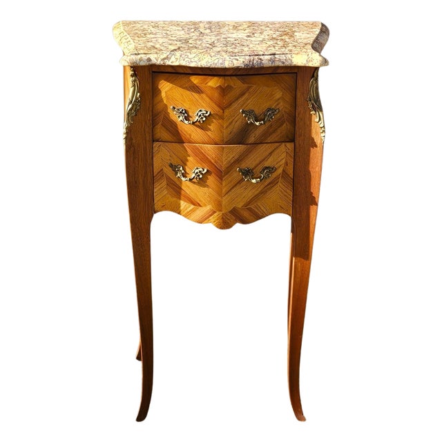 French Marquetry Nightstand in Marble and Wood, 1970s For Sale