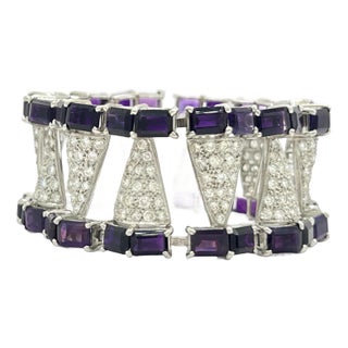 Amethyst Emerald Cut & Round Diamond Bracelet in Platinum & Palladium For Sale