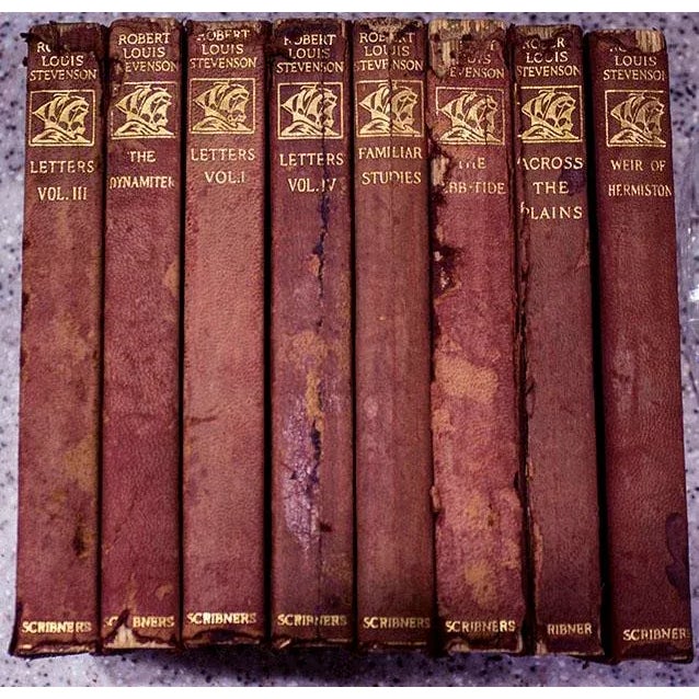 Set of 8 rare antiquarian leather bound books with gold gilt design on covers by Robert Louis Stevenson . Publisher...