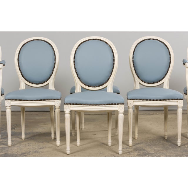 French Antique French Louis XVI Style Painted Dining Chairs in Sky Blue Leather - Set of 6 For Sale - Image 3 of 18