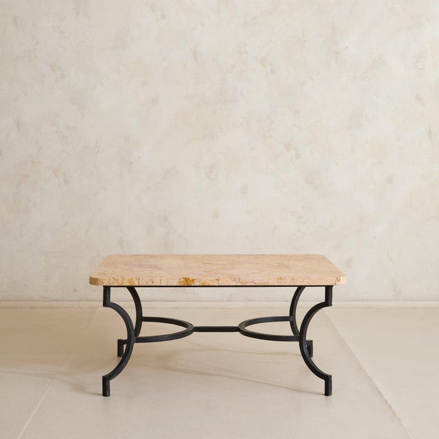 French Hand-Forged Wrought Iron + Ochre Marble Coffee Table, 1950s For Sale - Image 4 of 11