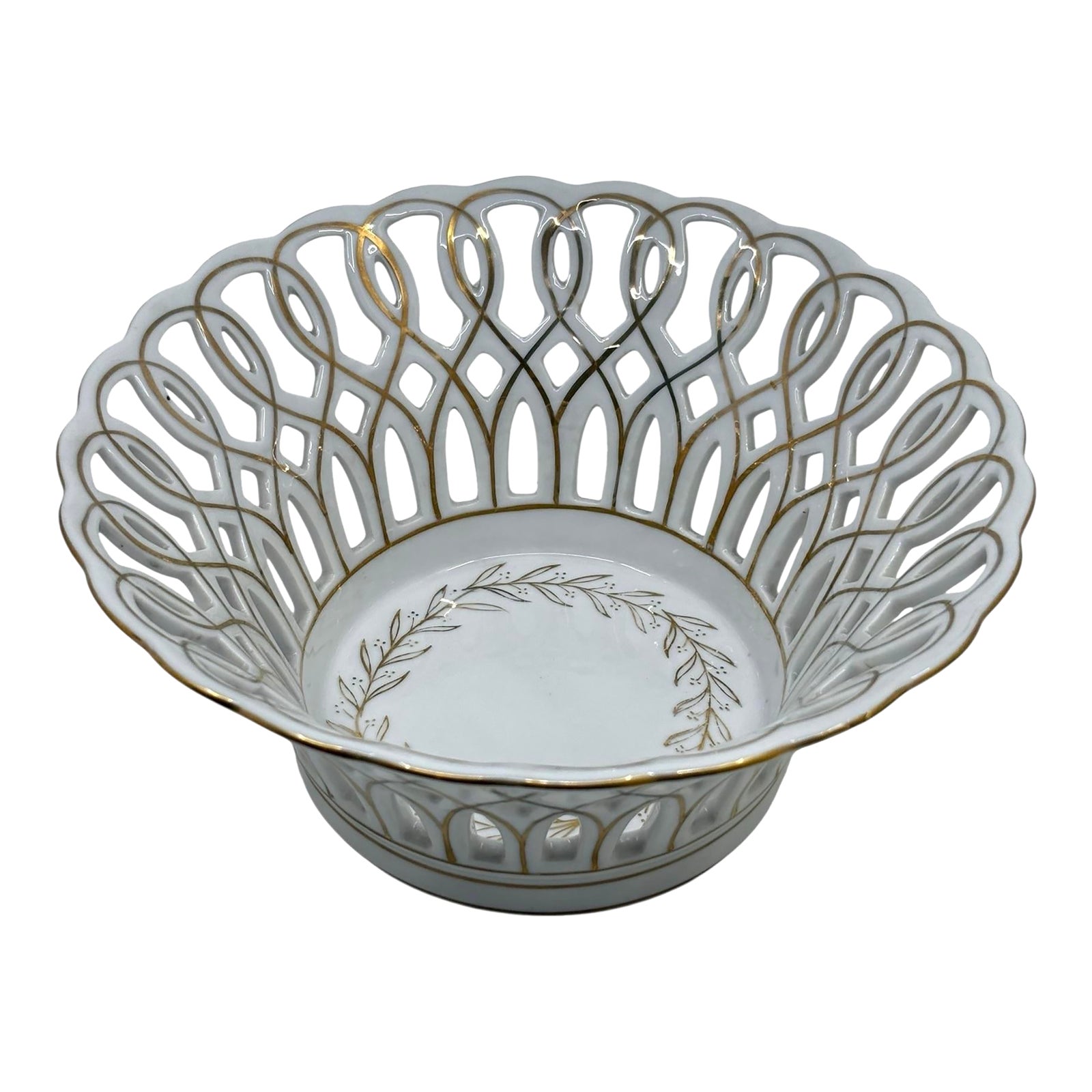 Antique Paris Reticulated Porcelain Gold Leaf Decorative Bowl | Chairish