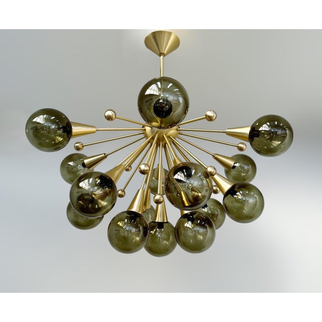 Italian sputnik flush mount with smoky green Murano glass globes mounted on solid brass frame in satin brass finish / Made...