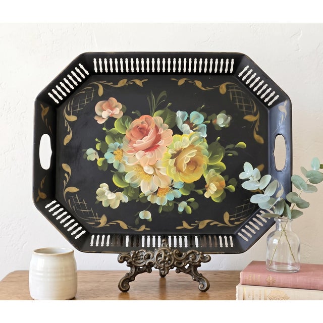 Mid 20th Century Mid 20th Century Hand Painted Black Floral Tray Vanity Serving Toleware Coffee Table Entryway Decor For Sale - Image 5 of 7