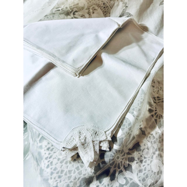 1990s Vintage Handmade White Battenburg Lace Napkins Embroidered Borders Cotton - Set of 12 For Sale - Image 5 of 11