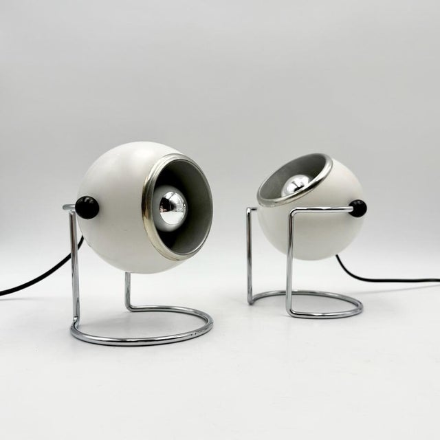 Italian Targetti Sankey Eyeball Lamps in White and Chrome, 1970s, Set of 2 For Sale - Image 14 of 16